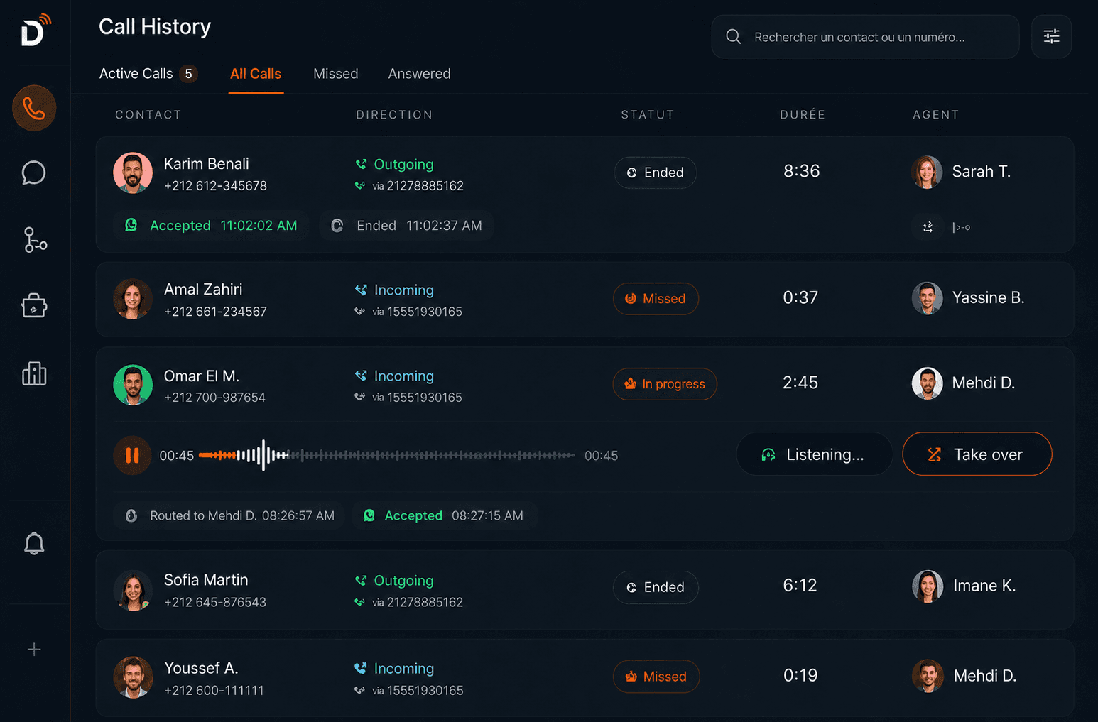 Dialaunch WhatsApp call center dashboard with call history and routing